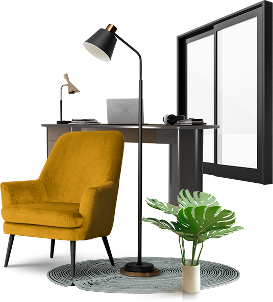 Gereinigte Gegenstände: Sessel, Lampe, Pflanze, Teppich, Schreibtisch, Fenster und Boden